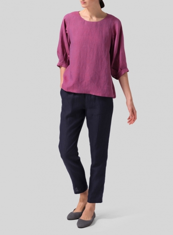 Two Tone Purple Linen Pleated Sleeve Top