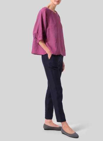 Two Tone Purple Linen Pleated Sleeve Top