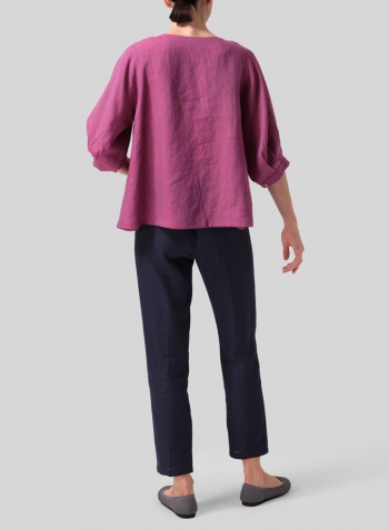 Two Tone Purple Linen Pleated Sleeve Top
