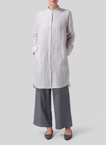 Gray White Stripe Linen Stand Collar Long Shirt