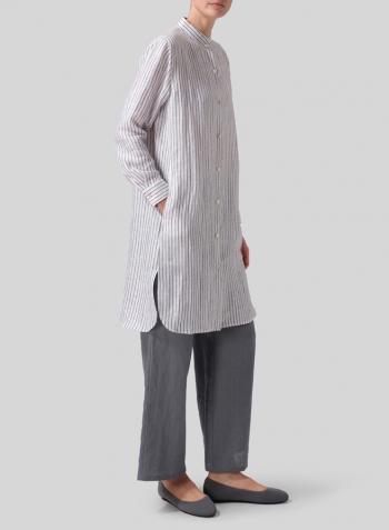 Gray White Stripe Linen Stand Collar Long Shirt