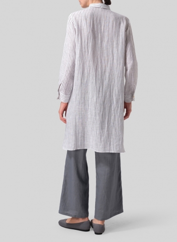 Gray White Stripe Linen Stand Collar Long Shirt