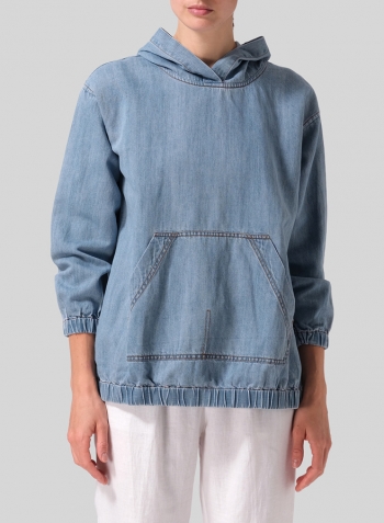 Denim Linen Oversized Denim Hoodie Top