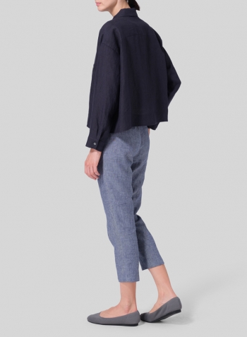 Navy Linen Sloped Shoulder Wide Boxes with Collar Cropped Shirt