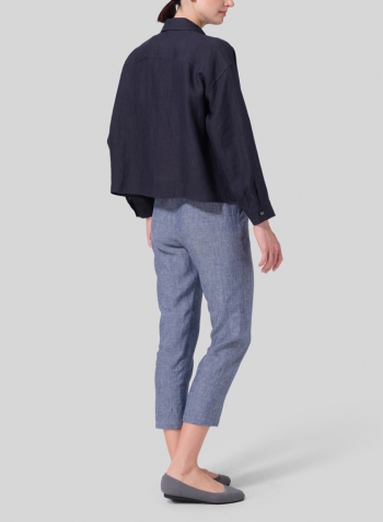 Navy Linen Sloped Shoulder Wide Boxes with Collar Cropped Shirt