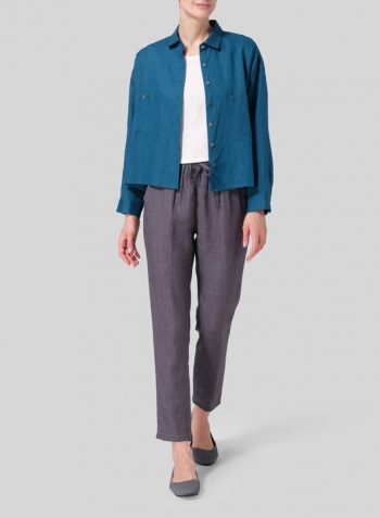 Peacock Blue Linen Sloped Shoulder Wide Boxes with Collar Cropped Shirt
