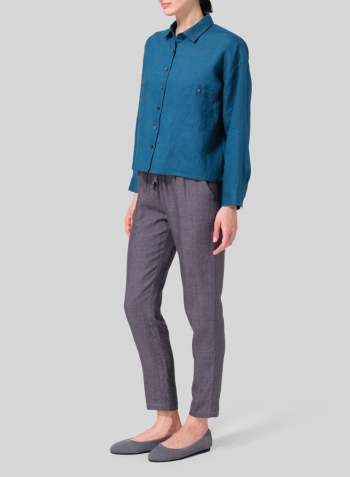 Peacock Blue Linen Sloped Shoulder Wide Boxes with Collar Cropped Shirt