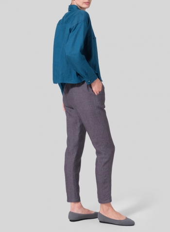 Peacock Blue Linen Sloped Shoulder Wide Boxes with Collar Cropped Shirt