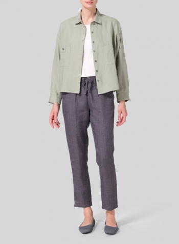 Moss Green Linen Sloped Shoulder Wide Boxes with Collar Cropped Shirt