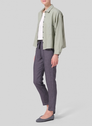 Moss Green Linen Sloped Shoulder Wide Boxes with Collar Cropped Shirt