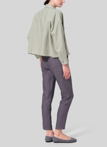 Moss Green Linen Sloped Shoulder Wide Boxes with Collar Cropped Shirt