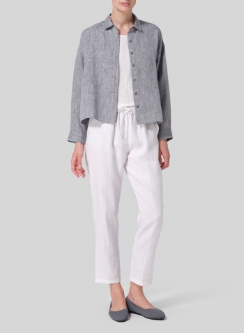 Linen Sloped Shoulder Wide Boxes with Collar Cropped Shirt