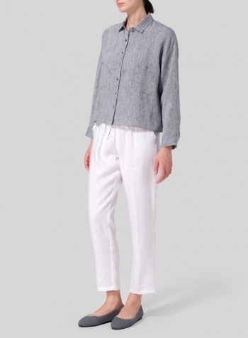 Linen Sloped Shoulder Wide Boxes with Collar Cropped Shirt