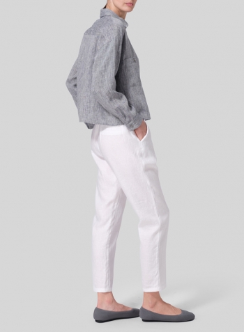 Linen Sloped Shoulder Wide Boxes with Collar Cropped Shirt