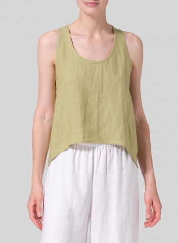 Olive Yellow Linen Scoop Neck Halter Backs Vest Set