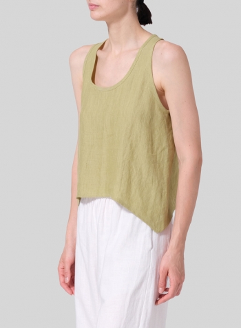 Olive Yellow Linen Scoop Neck Halter Backs Vest Set