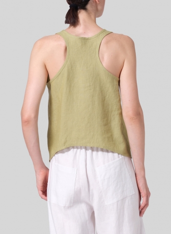 Olive Yellow Linen Scoop Neck Halter Backs Vest Set