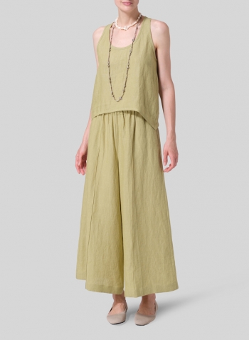 Olive Yellow Linen Scoop Neck Halter Backs Vest With Necklace