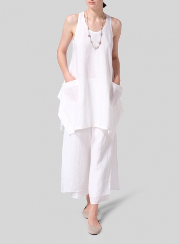 White Linen Scoop Neck Halter Backs Tunic Set