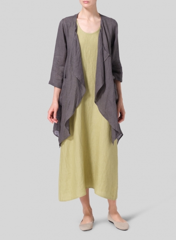 Dark Charcoal Woven Linen Waterfall Open Jacket