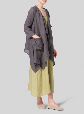 Dark Charcoal Woven Linen Waterfall Open Jacket