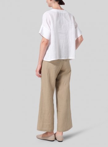 White Linen Sloped Shoulder Wide Boxy V-neck Top