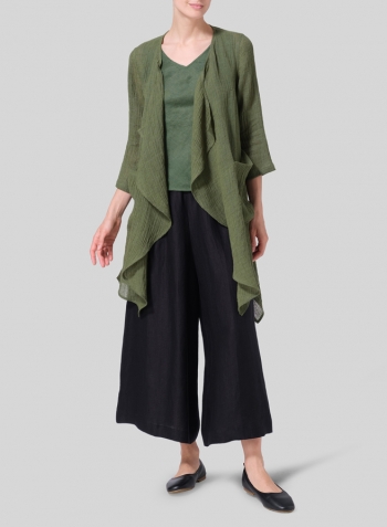 Dark Green Linen Gauze Waterfall-Front Jacket