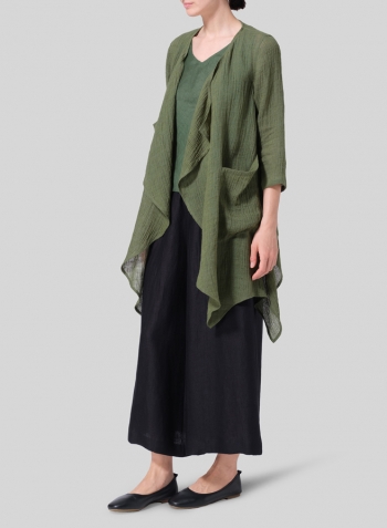 Dark Green Linen Gauze Waterfall-Front Jacket