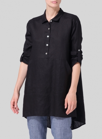 Black Linen Classic Collar A Shape Tunic