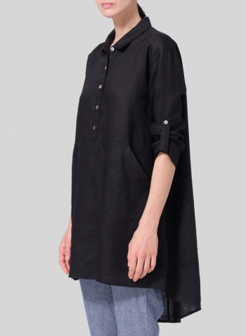 Black Linen Classic Collar A Shape Tunic