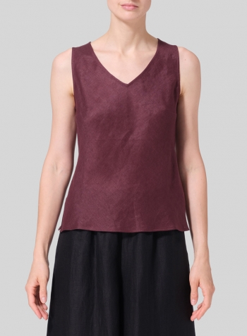 Burgundy Linen V-Neck Sleeveless Bias Cut Tank