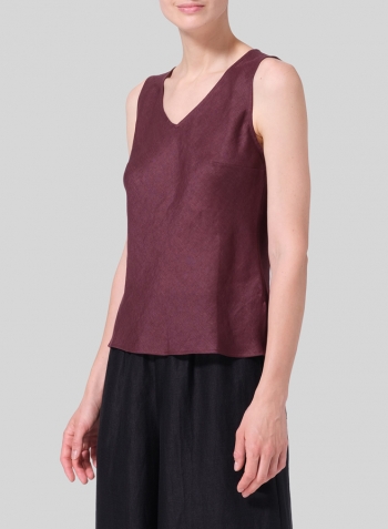 Burgundy Linen V-Neck Sleeveless Bias Cut Tank