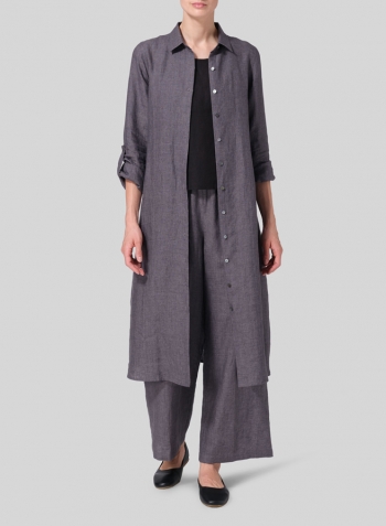 Charcoal Gray Linen Long-Sleeve Waist-Tie Dress