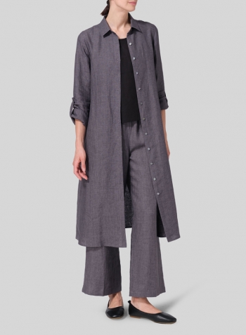 Charcoal Gray Linen Long-Sleeve Waist-Tie Dress