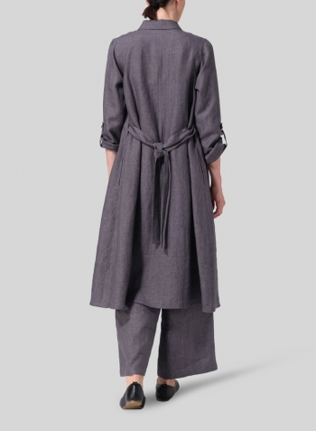 Charcoal Gray Linen Long-Sleeve Waist-Tie Dress