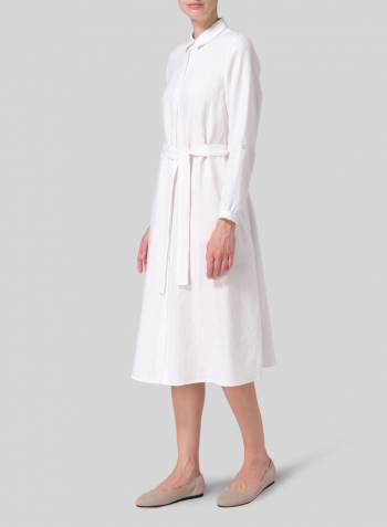 White Linen Long-Sleeve Waist-Tie Dress