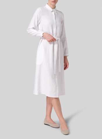 White Linen Long-Sleeve Waist-Tie Dress