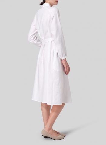 White Linen Long-Sleeve Waist-Tie Dress