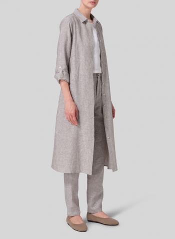 Tender Taupe Linen Long-Sleeve Waist-Tie Dress Set