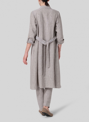 Tender Taupe Linen Long-Sleeve Waist-Tie Dress Set