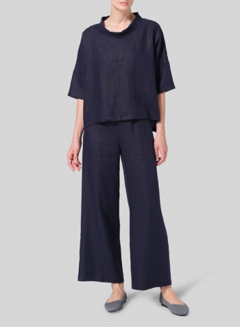 Dark Navy Linen Band Collar Boxy Top