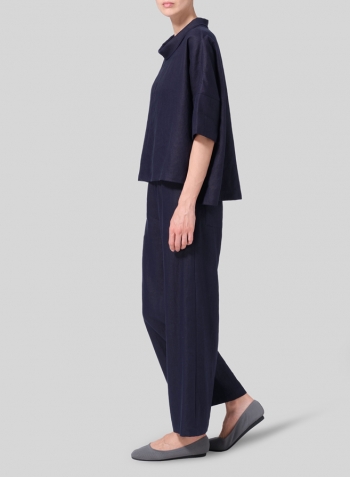 Dark Navy Linen Band Collar Boxy Top