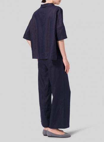 Dark Navy Linen Band Collar Boxy Top