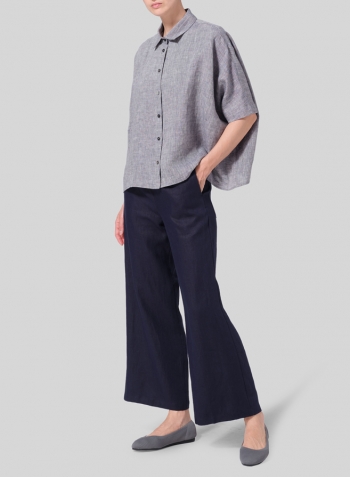 Two Tone Navy White Linen Boxy Sleeves Shirt Set