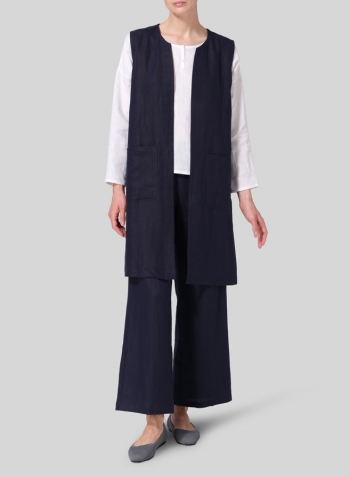 Linen Open Front Straight Long Vest Jacket Set