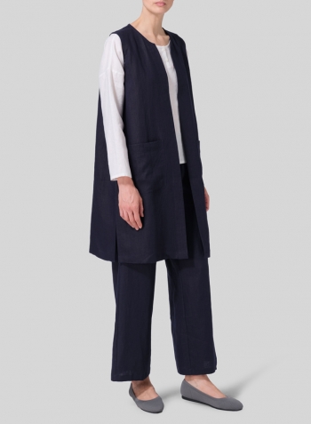 Linen Open Front Straight Long Vest Jacket Set