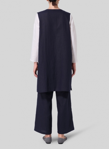 Linen Open Front Straight Long Vest Jacket Set
