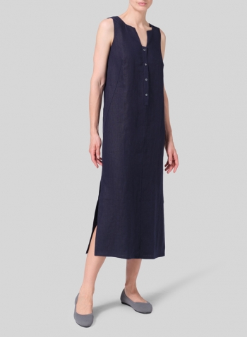 Dark Navy Linen Front Placket Opening Straight Cut Long Dress