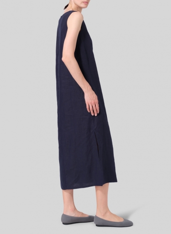 Dark Navy Linen Front Placket Opening Straight Cut Long Dress