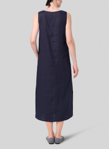 Dark Navy Linen Front Placket Opening Straight Cut Long Dress